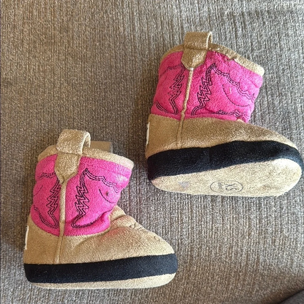 Cozy Pink and Tan Baby Boots Slippers, XS